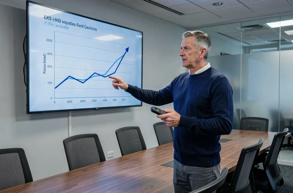 Homme présentant une formule de taux d'évolution sur écran lors d'une réunion professionnelle