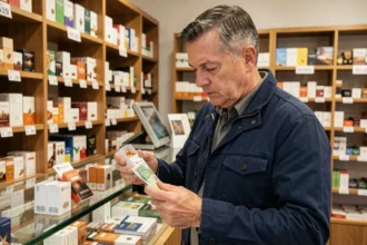 Homme tenant des billets en euros devant un bureau de tabac suisse, examinant le prix d'un paquet de cigarettes