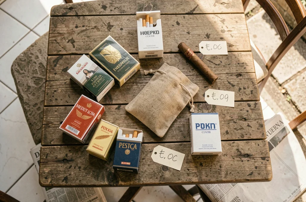 Vue aérienne de divers produits du tabac espagnols avec étiquettes de prix en euros disposés sur une table en bois