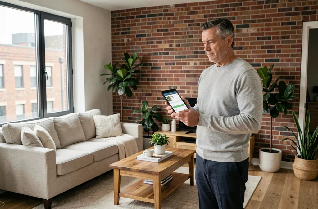 Propriétaire bailleur dans un appartement meublé consultant une application de gestion locative