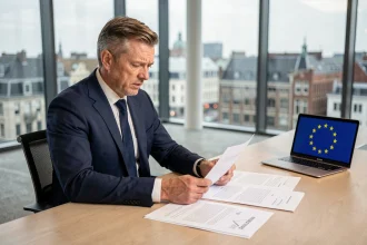 Professionnel européen analysant des documents de régulation dans une salle de conférence moderne à Bruxelles