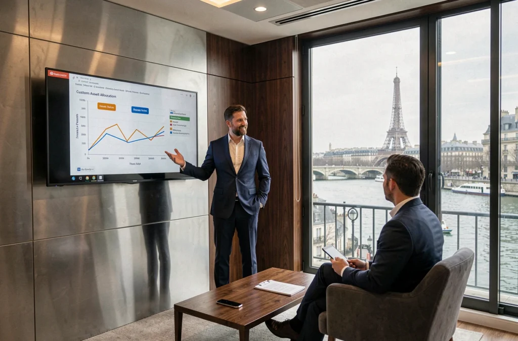 Gestionnaire de patrimoine de Rivaria Capital présentant une allocation d'actifs personnalisée à un client dans un bureau haut de gamme avec vue sur la Seine