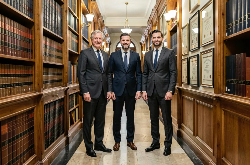 Trois notaires associés en costumes sombres debout dans un couloir d'archives d'un office notarial prestige, représentant David Gouhier, Jean-Michel Boissel et Rodolphe Péan