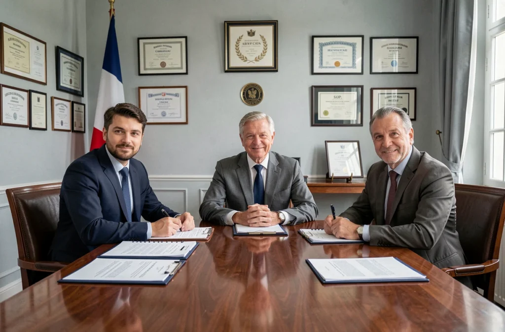 Trois associés notaires en costumes formels assis à une table de réunion dans un bureau notarial avec diplômes et dossiers juridiques