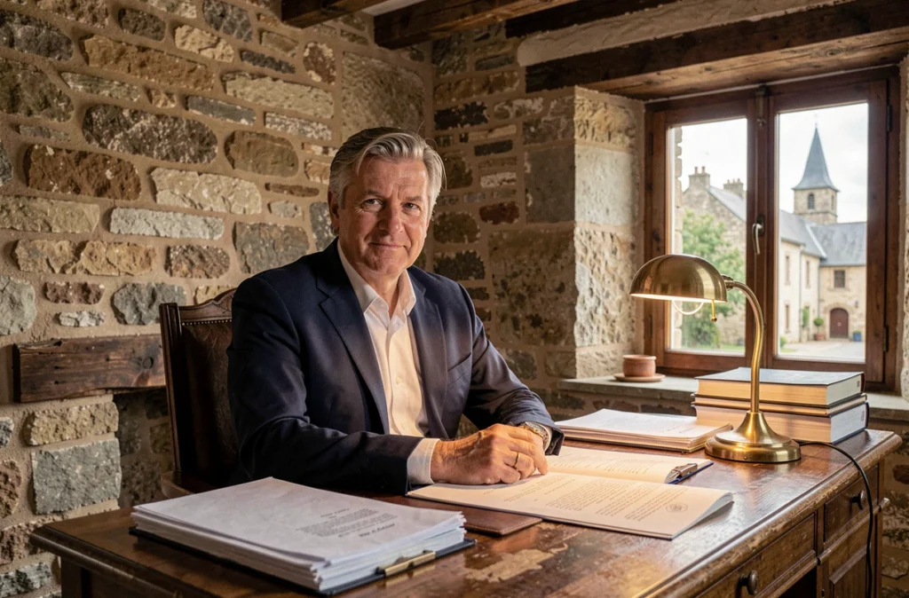 Notaire en costume marine assis dans un bureau rustique à Troarn avec des murs en pierre et des poutres en bois apparentes