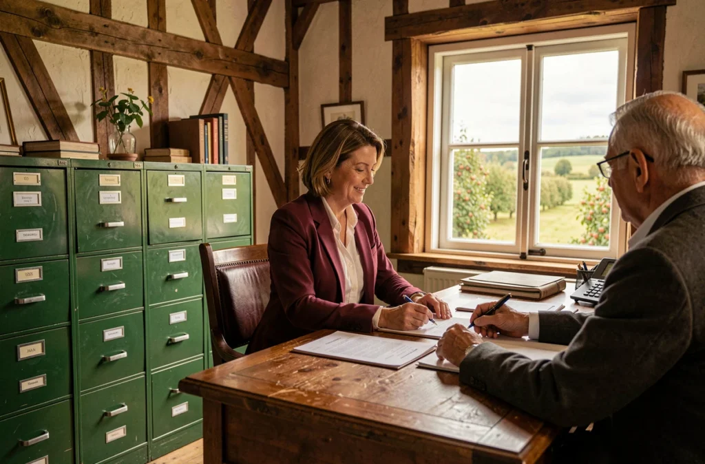Notaire féminine en veste bordeaux consultant un client dans un office notarial normand à Beuzeville avec vue sur le bocage normand