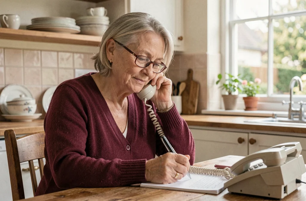 Femme senior notant des informations lors d'un appel au service téléphonique de La Banque Postale