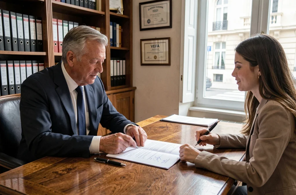 Signature d'un contrat VEFA chez le notaire avec un couple d'acquéreurs et un acte de vente sur bureau