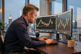 Trader professionnel analysant des cassures de marché sur plusieurs écrans graphiques dans un bureau moderne