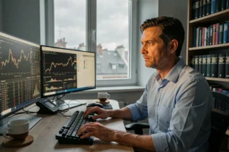 Trader européen concentré devant plusieurs écrans affichant des graphiques boursiers en fin d'après-midi, illustrant l'ouverture de la bourse de New York