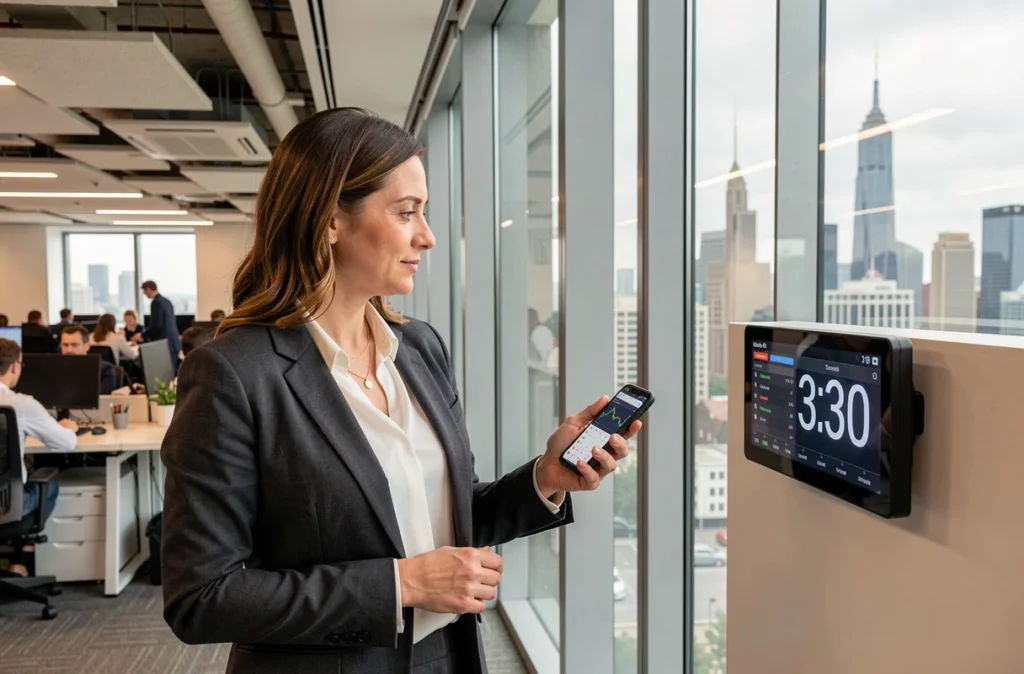 Trader européenne dans un bureau moderne vérifiant l'heure d'ouverture de Wall Street sur son smartphone, avec une vue sur la ville en arrière-plan