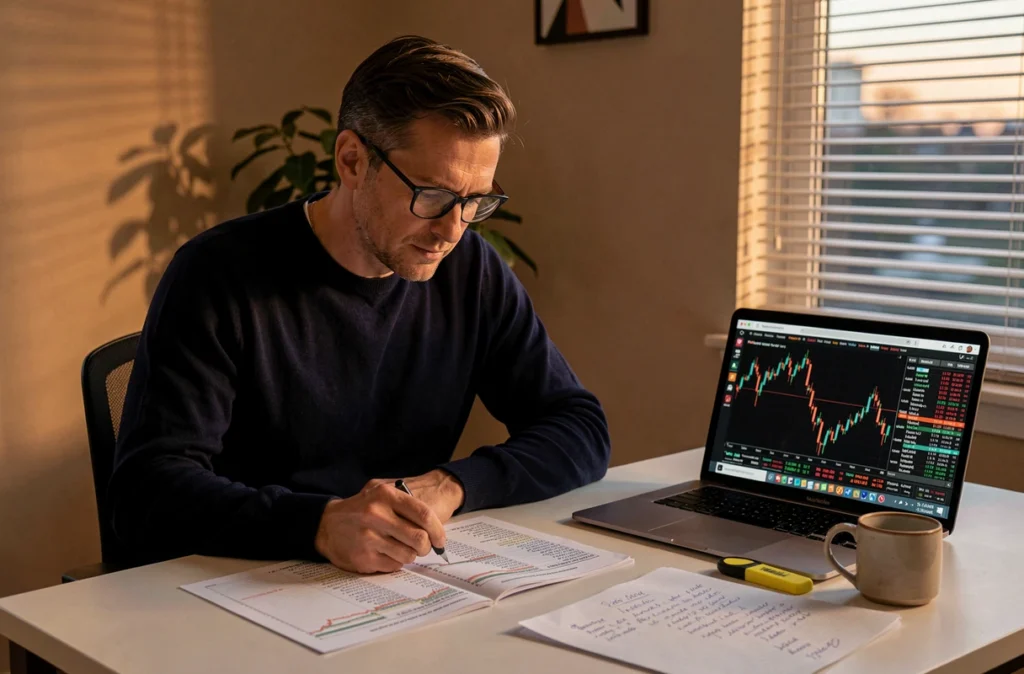 Trader indépendant européen analysant son journal de trading le soir face à son ordinateur lors de l'ouverture de la session boursière américaine