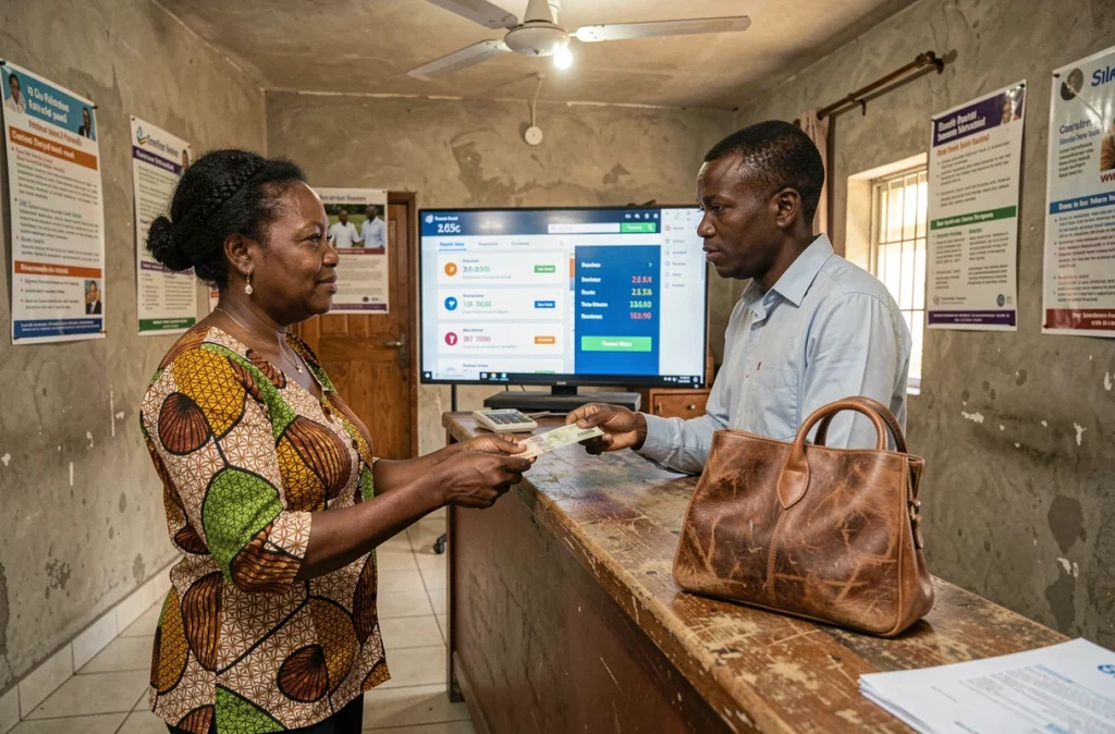 Femme africaine effectuant un transfert d'argent international via une plateforme blockchain dans une agence financière de Nairobi