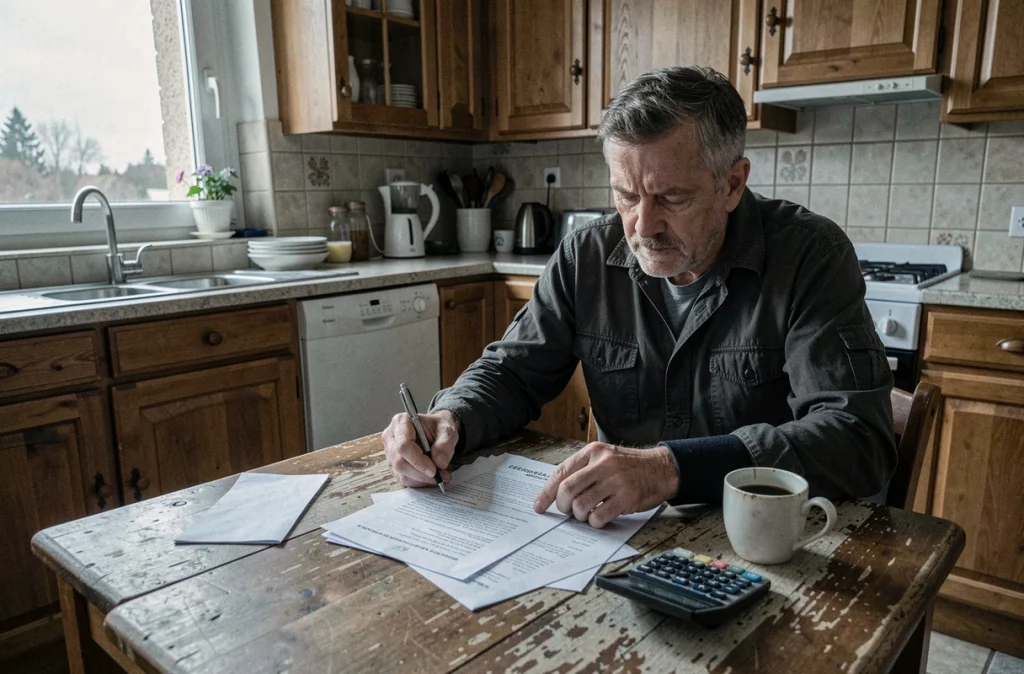 Travailleur blessé au poignet étudiant ses documents d'indemnisation pour rachat de rente accident de travail à domicile