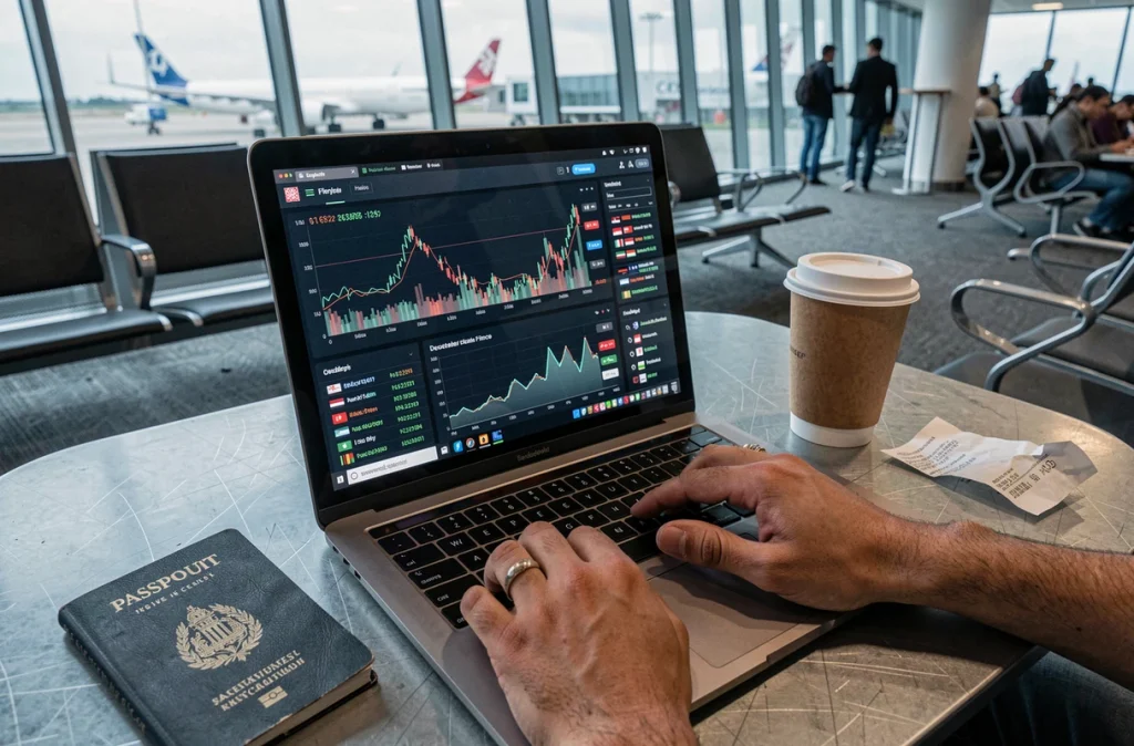 Mains d'un homme utilisant un ordinateur portable pour effectuer un virement international via la blockchain dans un aéroport