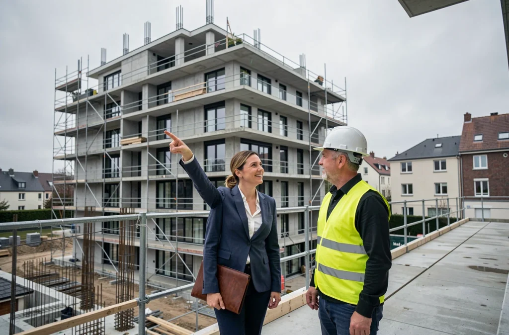 Acheteuse en VEFA visitant un chantier d'appartements neufs avec un chef de chantier en gilet de sécurité
